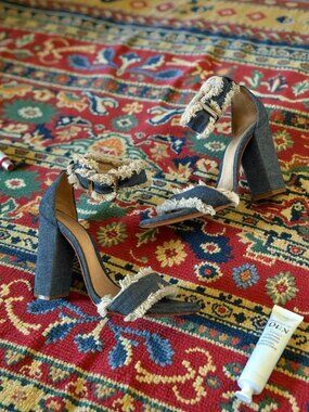 SCHUTZ Janessa Denim Ankle Strap Heels Size 7.5